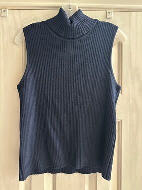 St. John Y2K 2000s Navy Ribbed Sleeveless Wool Blend Turtleneck Tank L Capsule